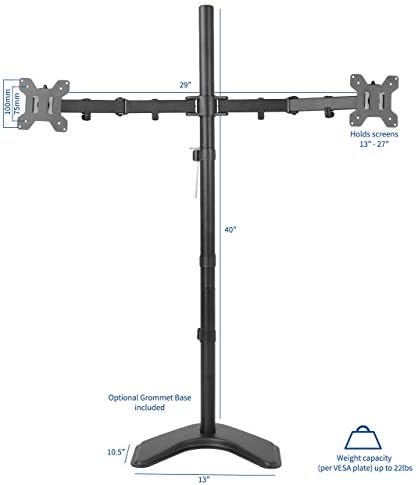 VIVO Dual 13 to 27 inch LED LCD Monitor Free-Standing Desk Stand, Holds 2 Screens, Heavy-Duty Fully Adjustable Arms with Max VESA 100x100mm, Extra Tall 40 inch Pole, Black, STAND-V012F