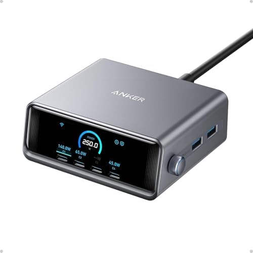 Anker Prime Charging Station, 250W 6-Port GaN USB C Charger | 2.26" LCD Smart Display Control, Compatible with iPhone, Galaxy, MacBook, Dell for Home Office, Gaming Desk Accessories