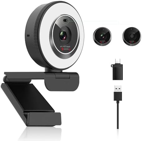 Angetube 1080P USB Webcam with Ring Light Autofocus & Microphone for PC Mac | Built-in Privacy Cover, Plug and Play, Compatible with Laptop Desktop, Works for Streaming, Teams, Skype Video Calls