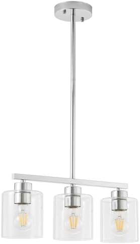 3-Light Silver Kitchen Island Lighting, Silver Pendant Light Fixture, Farmhouse Dining Room Light Fixtures Over Table, Modern Hanging Light Fixtures with Clear Glass, E26 Base