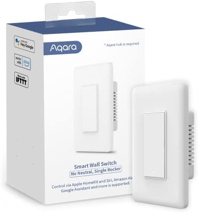 Aqara Smart Light Switch (No Neutral, Single Rocker), Requires AQARA HUB | Zigbee Light Switch, Remote Control and Smart Home Automation, Compatible with HomeKit, Google, Works with Alexa, SmartThings