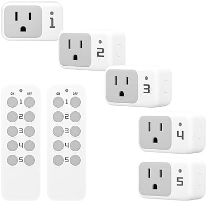 TESSAN Wireless Remote Control Outlet, 2 Remotes + 5 Outlets | ON/Off Light Switch, 100ft Range, For Indoor String Lights, Lamps, Home Appliances, Electrical Wall Plug