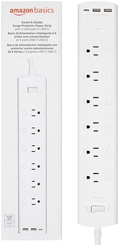 Amazon Basics Smart Plug Power Strip with 6 Individually Controlled Outlets and 3 USB Ports (2 USB-A and 1 USB-C), WiFi, Works with Alexa Only, 2.4 GHz, No Hub Required, White