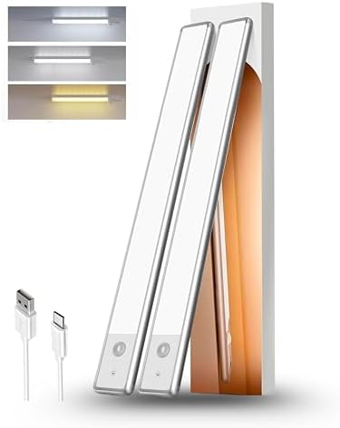 12" LED Cabinet Light with Motion & Light Sensor, Pack of 2 Rechargeable Under Cabinet Lighting, 3 Color Modes 3000K/4500K/6000K, 62 LEDs, 150LM, USB, 2200mAh Battery, Wireless Closet Light