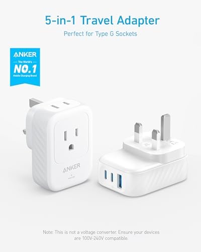 Anker Travel Adapter, Type G Adapter for Travel, US to UK Plug Adapter, 15W | International Travel Essentials, 2 AC, 1 USB A, 2 USB C, Compact for iPhone, iPad, England, Ireland, TUV Listed