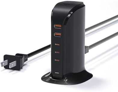 Charging Station for Multiple Devices: 5 USB Ports Wall Charger Block with Extension Cord, PD 20W Fast Charging Hub Charger Tower for iPhone iPad Tablets Smartphones, Home Office Use (Black)