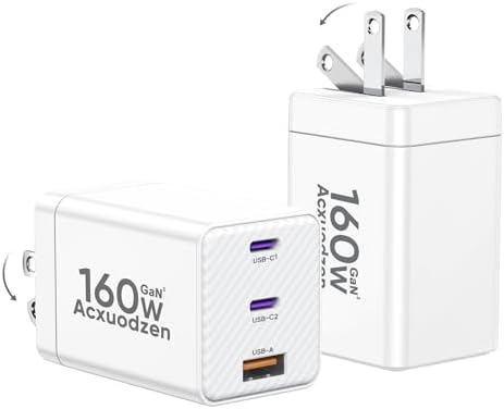2 Pack USB C Charger Block 160W, 3-Port GaN Dual 65W Type C Charging Block | Foldable QC3.0 Laptop Fast Charging for MacBook, iPhone, Samsung, Galaxy, iPad, Android, White