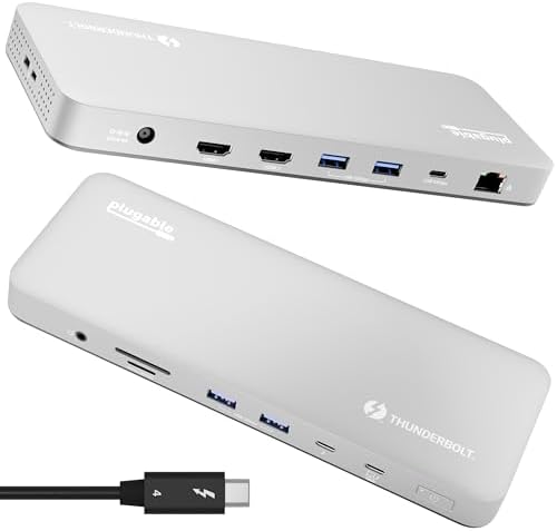 Plugable Thunderbolt 4 Dock for M4/M5 MacBook Air & Pro: 100W Charging Driverless Laptop Docking Station with 4K HDMI Dual Monitor or Single 6K, 6X USB, SD, Ethernet, Thunderbolt Certified (TBT-UDM)