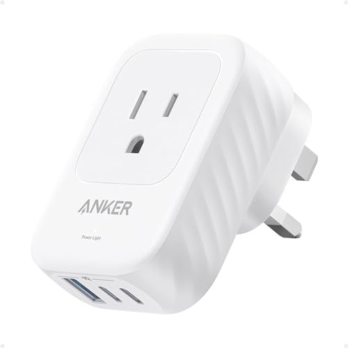 Anker Travel Adapter, Type G Adapter for Travel, US to UK Plug Adapter, 15W | International Travel Essentials, 2 AC, 1 USB A, 2 USB C, Compact for iPhone, iPad, England, Ireland, TUV Listed