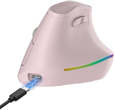 KYSONA 57° Wireless Ergonomic Mouse, Vertical Mouse, Carpal Tunnel Mouse, RGB Light, Rechargeable, Bluetooth & 2.4G, 5-Level DPI Adjustment, Quiet Click Ergo Mice Compatible with PC/Laptop/Mac, Pink