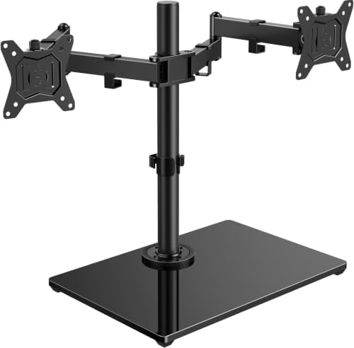 HUANUO Free Standing Dual Monitor Stand for 13-32 Inch Monitors, Glass Base | Free Standing Base, Two Setup Options, Adjustable Dual Arms, 22 lbs per Arm, VESA 75x75/100x100mm, Easy Portrait Rotation