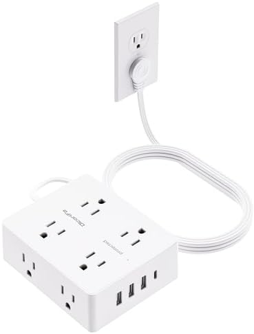 Olcorife Flat Plug Power Strip with 10 FT Extension Cord, 8 Outlets 4 USB Ports(1 USB C), 3 Sided Outlet Extender for Home Office Travel Dorm Room Essentials, White