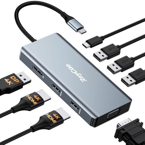 USB C Docking Station Dual Monitor Adapter, 8 in 1 Laptop Docking Station 3 Monitors Quadruple Display USB C Hub Dongle to 4K HDMI+DP+VGA