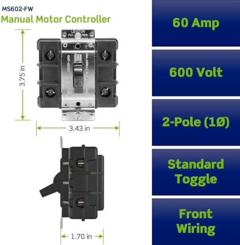 Leviton 60 Amp, 600 Volt, 2-Pole, Single-Phase Single Throw AC Manual Motor Controller, MS602-FW, Black