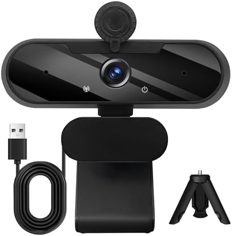 HD 1080P Webcam with Built-in Microphone and Rotatable Tripod, 1080P Video and Wide Angle Camera, Privacy Cover, for Desktop PC or Laptop Computer （Black）