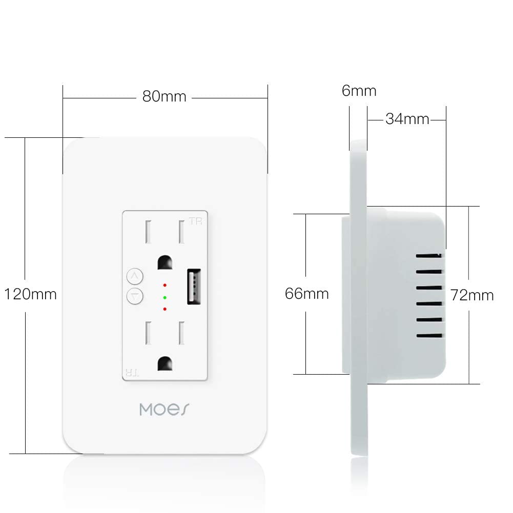 MOES Smart in-Wall Outlet, USB-A, 15A, 2.4GHz WiFi, No Hub Required | Smart Life/Tuya APP Remote Control, Works with Alexa and Google Assistant for Hands-Free Voice Control