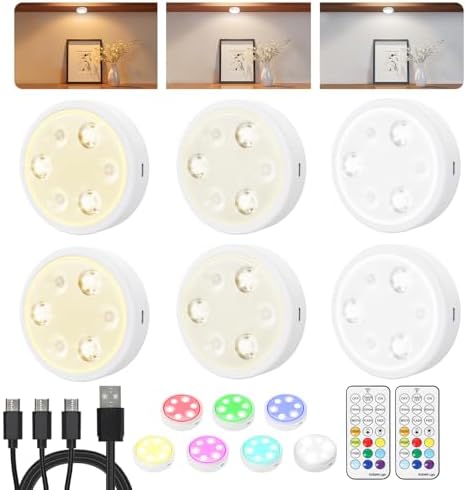 HOLKPOILOT Puck Lights with Remote, 2000mAh Battery Operated Rechargeable Under Cabinet Lighting, 3 Color Temps & 7 RGB Colors, Magnetic Closet Light, White Wireless Puck Light for Kitchen, Shelf