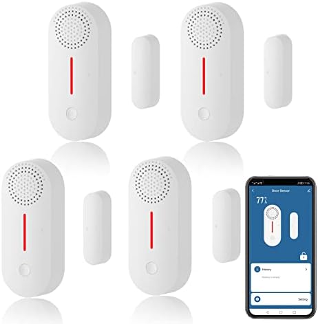 WiFi Smart Door Sensor, Wireless Door Window Sensor Alarm, Mini Contact Sensor for Home Security, Push Notification, Volume Adjustable, Timer, Compatible with Alexa/Google Assistant. 4 Pack