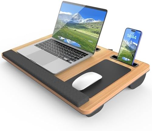 HETTHI Laptop Lap Desk, Portable Large Laptop Desk for Bed, Up to 17 Inch Lap Pad Tray with Wrist Rest, Mouse Pad, Tablet Phone Slot, Portable Handle, Cushion (Black)