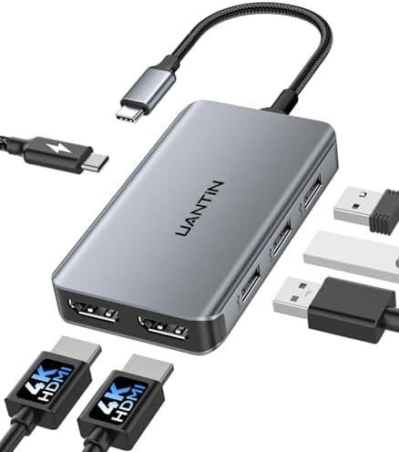 UANTIN 6-in-1 USB C Hub, Type C to Dual HDMI Adapter 4K@60Hz | HDMI Splitter Extended Display for Dual Monitor with 100W PD, USB 2.0, Dual HDMI Adapter for USBC Devices with DP Alt Mode