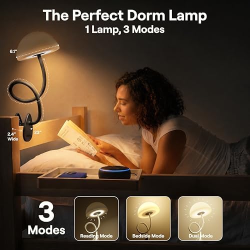 Shroommate Dorm Room Essential Clip On Bed Light - Headboard and Bedside Table Lamp, Flexible Reading Lamp, Night Light for Kids Nursery, Clip on for Desk, MultiColor LEDs, Adapter Included (Black)