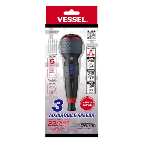 (US Model) VESSEL e-ASSIST Screwdriver 3 SPEEDS with 5PC. Bit Set