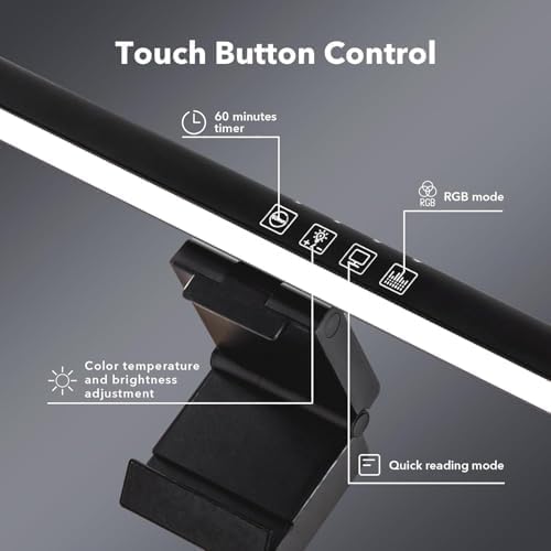 16" Flat Monitor Light Bar with RGB Backlight & 60-Min Timer, 3000-6000K Stepless Dimming, 0.3-0.8" Clamp for Office/Gaming, USB-C Eye Care Desk Lamp (Touch Control/Blue Light Filter)