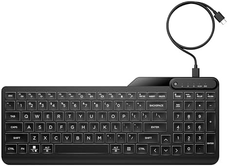 HP 400 Backlit Wired Keyboard (Ash Wired) - Warm White LED Illuminated Keys w/ 3 Brightness Levels - Slim & Portable Design - 12 Programmable Keys - Spill-Resistant, Sanitizable