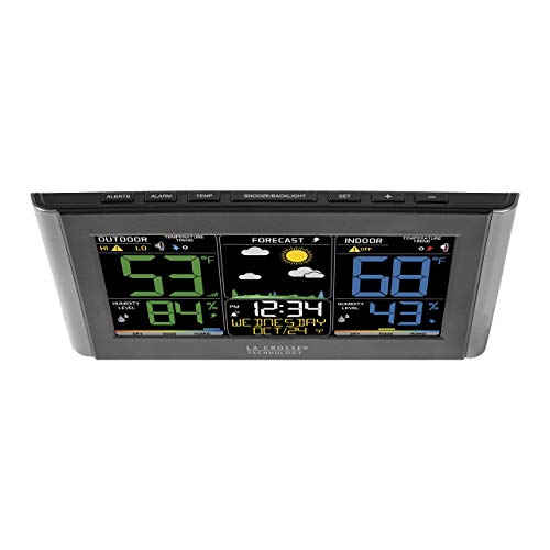 La Crosse Technology Weather Station with Customizable Alerts, Weather Forecast, Temperature, Dew Point, Humidity, Time, Heat Index, Large Display, Adjustable Brightness, Wireless, Black, C85845-INT