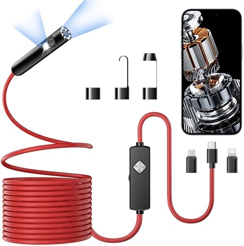 Endoscope with Light, 1920P HD Borescope with 8 Adjustable LED Lights, Semi-Rigid Snake Camera, IP67 Waterproof Inspection Tool (9.8ft, Red Harness + Dual Lens)