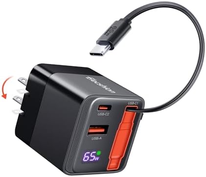 65W Retractable Wall Charger, USB C Charger Block Built-in Type C Cable | Dual Port, PD PPS Fast Charging GaN Power Adapter Travel Charger for MacBook,Lenovo IdeaPad,iPhone 16 Pro Max,Galaxy S24