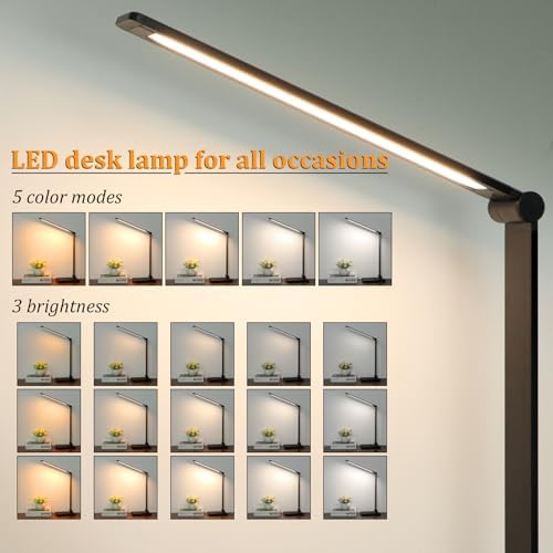 LED Desk Lamp with USB Ports,Touch Desk Lamps for Home Office with 5 Modes | 3 Brightness Desk Light with Small Night Light,Reading Lamp Table Lamp for Bedroom Bedside Study Black （with adapter）
