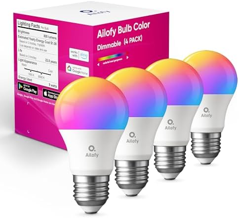 Ailofy LED Smart Light Bulbs, 16M Color Changing Dimmable, Compatible with Alexa & Google Assistant, RGBCW Colored Bulb, WiFi Light Bulbs, A19 E26, 9W 800LM, 1800K-6500K Tunable White, 4 Pack