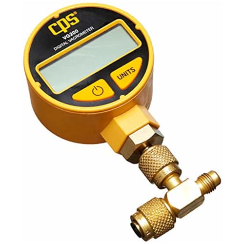 CPS VG200 Digital Vacrometer Vacuum Gauge, Measures Microns, Millibar, TORR, Inches/HG, Two Button Operation, Automatic Temperature Compensation, 5-digit LCD Display, Padded Case, T-Fitting and Hook