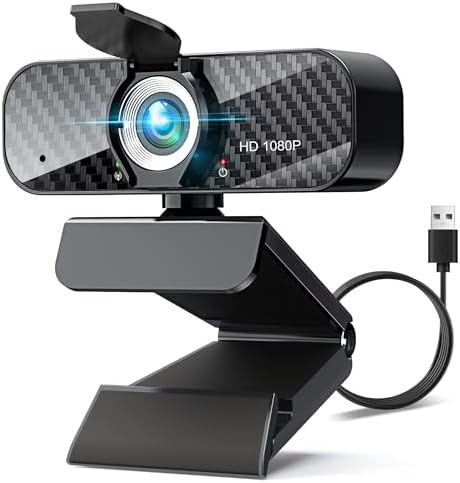 Webcam Full HD 1080P with Built-in Microphone and Rotatable Tripod, Carbon Fiber Board and Privacy Cover, Auto Light Correction, Adjustable FOV, Plug&Play for Zoom/Skype/Facetime/YouTube, Laptop/PC