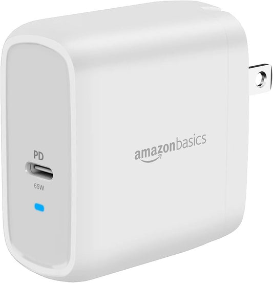 Amazon Basics 65W One-Port GaN USB-C Wall Charger with Power Delivery PD, Foldable Plug, Portable, Fast Charging for Laptops, Tablets & Phones, Non-PPS, White