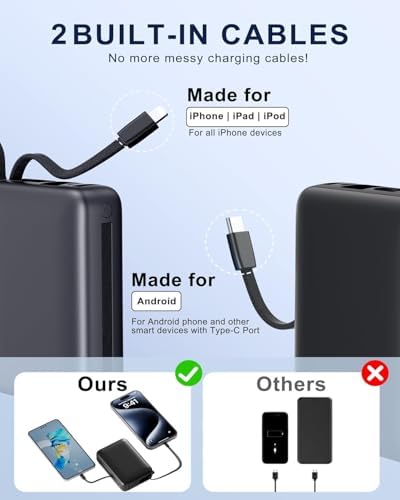 Portable Charger 50000mAh, PD22.5W Fast Charge Power Bank Built-in 2 Cables | Portable Phone Charger for iPhone/Android/Samsung Galaxy Travel Essential (Black)