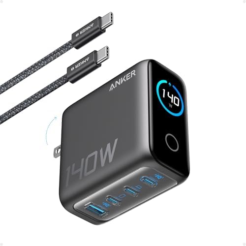 Anker 140W Max 4-Port GaN Charging Blocks,Smart Display for MacBook Charger | Fast Charger USB C Power Adapter with Touch Controls for Macbook Pro,iPad,iPhone 17/16 Series(Include 5FT Cable,Non-Battery)