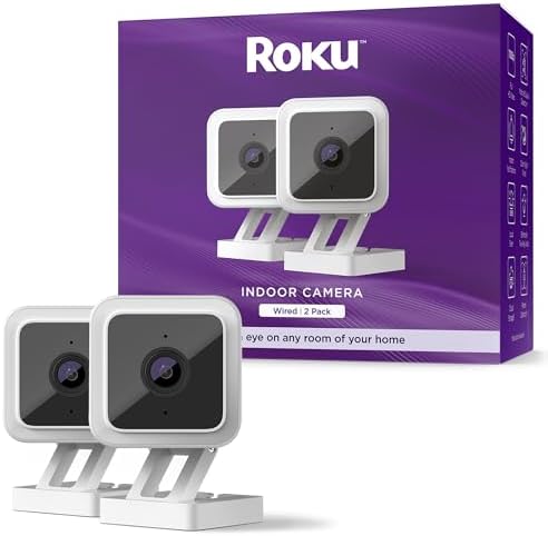 Roku Indoor Camera for Home Security, 2-Pack - Wired Security Camera with 1080p HD Color Night Vision, Compatible with Alexa & Google, Motion & Sound Detection, Built-in Siren (Renewed)