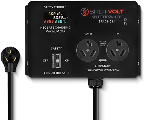 Splitvolt NEMA 10-30, 240V, 24 Amp Splitter Switch - Save Thousands on Home Electric Vehicle Charging EV Install, cETLus Certified, Auto Power Switching Between Dryer and EV or Two EVs, Plug and Play