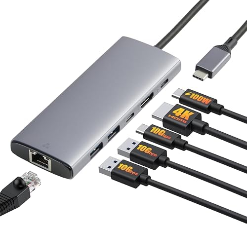 Amazon Basics 6-in-1 USB-C 3.2 (10G) Hub, Multiport Adapter with 100W Power Delivery, 4K HDMI, Ethernet, 2 USB-A, 1 USB-C, Light Grey, 4.70 x 1.81 x 0.59 inches