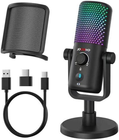Gaming USB Microphone for PC with Pop Filter Volume Control Headphone Jack RGB Light Mute Button Plug and Play for PS4 PS5 Mac Streaming Podcast