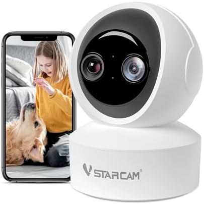 VSTARCAM Indoor Security Camera,2K HD 360° PTZ Dog Pet Camera with Phone APP, Night Vision, 2-Way Audio, Hybrid Zoom, 2.4G WiFi Dual Monitor, 7/24 Recording, Cloud/SD Card Storage (CS49D)