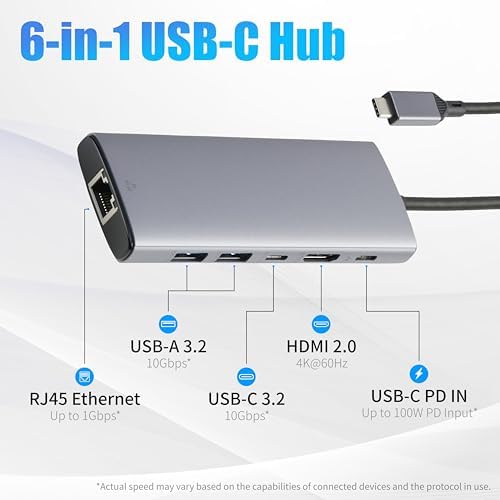 Amazon Basics 6-in-1 USB-C 3.2 (10G) Hub, Multiport Adapter with 100W Power Delivery, 4K HDMI, Ethernet, 2 USB-A, 1 USB-C, Light Grey, 4.70 x 1.81 x 0.59 inches