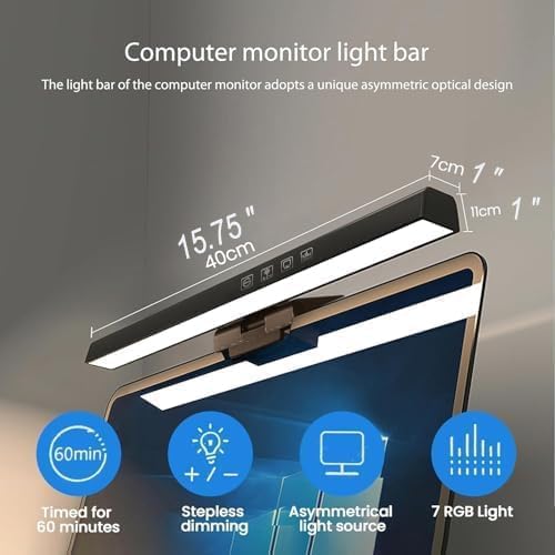 16" Flat Monitor Light Bar with RGB Backlight & 60-Min Timer, 3000-6000K Stepless Dimming, 0.3-0.8" Clamp for Office/Gaming, USB-C Eye Care Desk Lamp (Touch Control/Blue Light Filter)