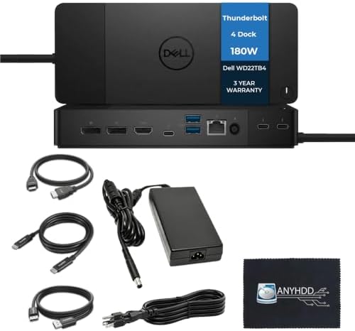 Dell WD22TB4 Thunderbolt 4 Dock Bundle - 40Gbps USB-C/USB-A, 3 Year Warranty with 180W Adapter, Anyhdd HDMI, DP, USB-C Cable & Cloth - Docking Station, Supports Dual/Triple Monitors & 4k Display