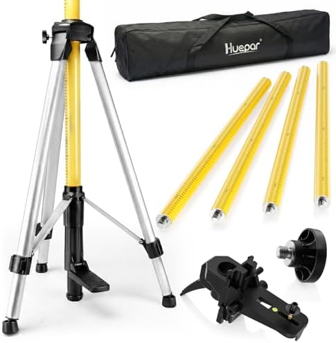 Huepar 12 Ft./3.7M Professional Laser Level Pole with Tripod and 1/4-Inch by 20-Inch Laser Mount for Rotary and Line Lasers, Adjustable Telescoping Laser Pole with 5/8"-11 Threaded Adapter-LP36A