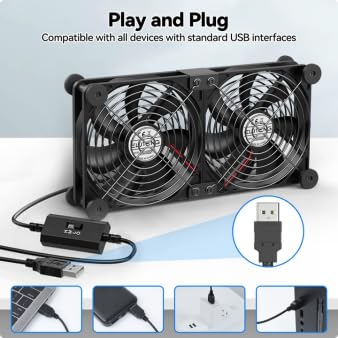 ELUTENG 140mm Dual USB Computer Fan with Temperature Controller Flow VR Blower for 3 Speed Control Max 1500RPM Cooling Ventilator with 8 Silicone Pads for Laptop/Receiver/DVR/Computer Cooling