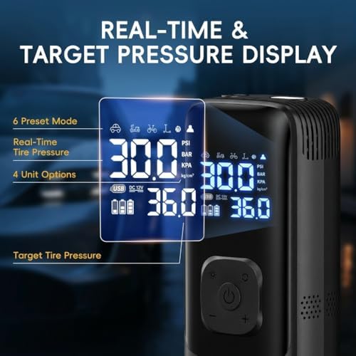 Tire Inflator Portable Air Compressor – Cordless Air Compressor with Digital Gauge, LED Light, Power Bank & Auto-Shutoff Tire Air Pump for Car, Motorcycle & Bicycle Tires