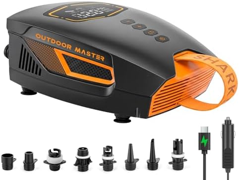 OutdoorMaster Shark 3 Mini 74Wh Portable Paddle Board Pump Electric | 5'30" Fast Inflation, Rechargeable SUP Air Pump, Auto-Off & Deflation, 20PSI 12V/15.8V DC Input, 8 Nozzles for Inflatables